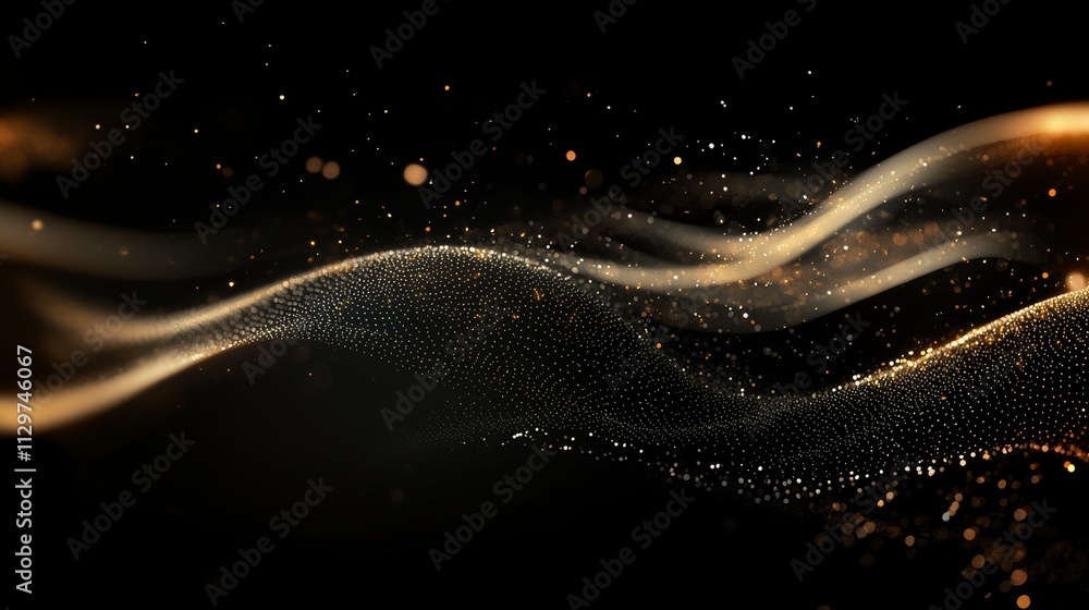 Create a deep black background with a subtle golden wave pattern and softly shimmering light particles, exuding elegance Create a deep black background with a subtle golden wave pattern and softly shimmering light particles, exuding elegance
