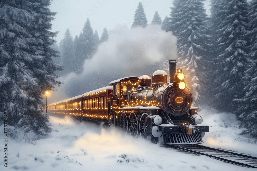 Magical train travels snowy forest at Christmas time. Festive lights illuminate vintage locomotive. Wonderful holiday scene evokes nostalgia. Winter wonderland. Fairytale atmosphere. Magical train travels snowy forest at Christmas time. Festive lights illuminate vintage locomotive. Wonderful holiday scene evokes nostalgia. Winter wonderland. Fairytale atmosphere.