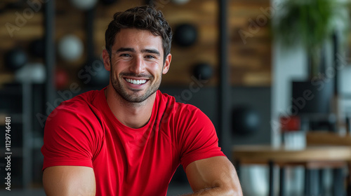 Handsome young man wearing red athletic t shirt, personal trainer smiling and sitting in modern gym interior. male athlete workout coach, healthy fitness lifestyle, exercise indoors, copy space.