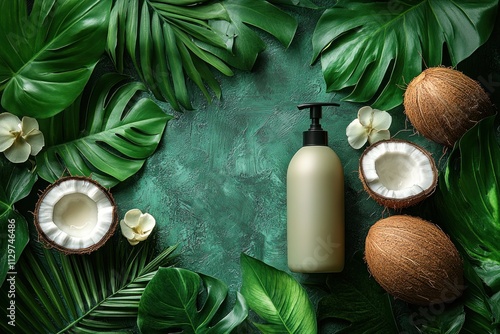 Tropical Coconut Beauty Product with Green Leaves