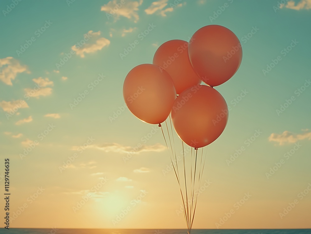 Fototapeta premium Four Peach Balloons Float Against Sunset Sky