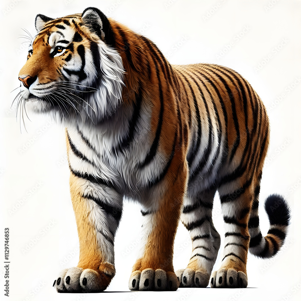 Obraz premium Tiger isolated on a white background, Side view, tiger standing full HD image generated by Ai. full body, realistic, full detail looking at the camera.