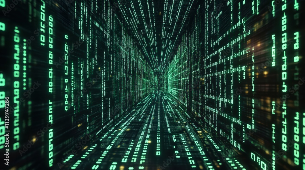Dynamic digital code matrix tunnel. Neon green code flows through dark tech tunnel. Futuristic cyber tech scene. Suitable for electronic products. Modern digital art. Abstract background. Matrix Dynamic digital code matrix tunnel. Neon green code flows through dark tech tunnel. Futuristic cyber tech scene. Suitable for electronic products. Modern digital art. Abstract background. Matrix