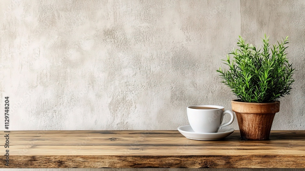 Cozy Desk Setup with Coffee Cup and Potted Plant on Wood Surface Cozy Desk Setup with Coffee Cup and Potted Plant on Wood Surface