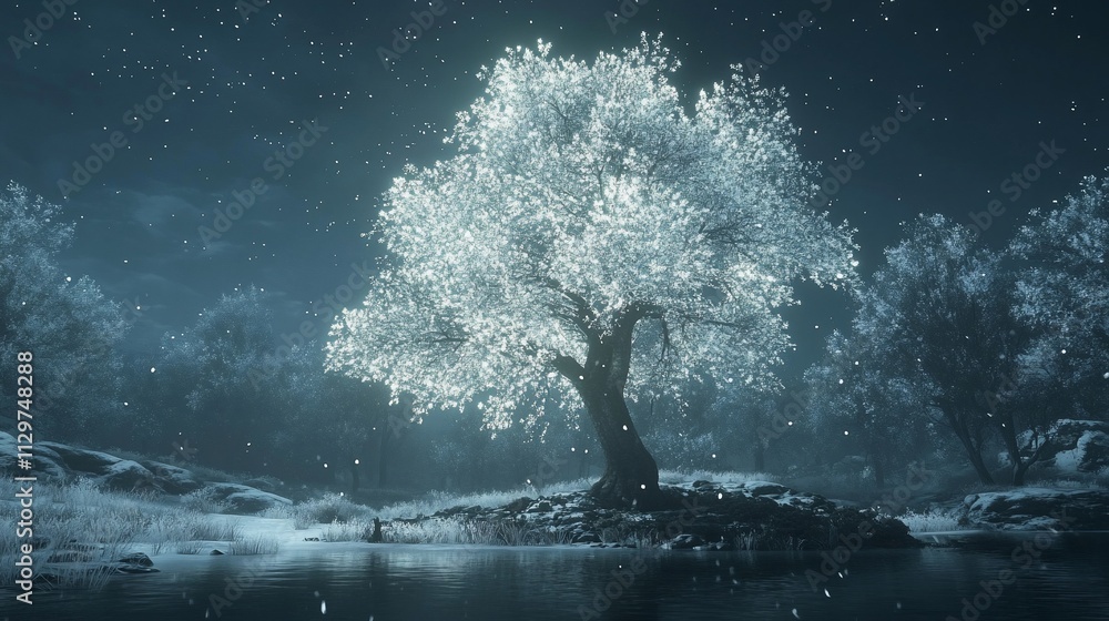 Glowing tree in snowy winter night landscape. Glowing tree in snowy winter night landscape.