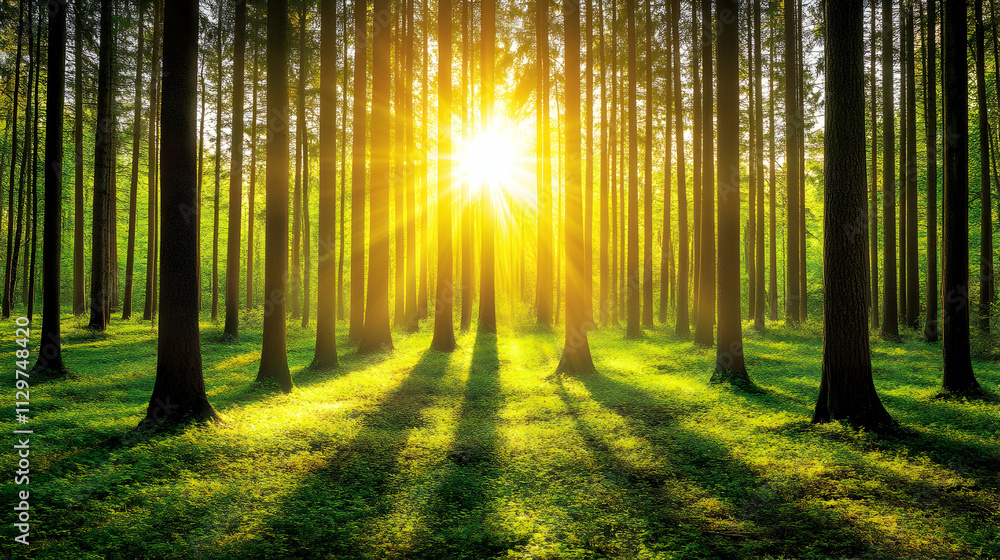 Fototapeta premium Sunbeams through lush green forest at sunrise.