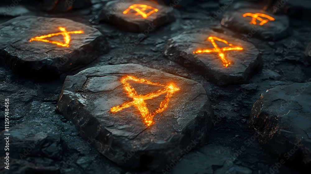 Rune stones glowing faintly with magical light, placed on an old, cracked table. Runestone. Illustration Rune stones glowing faintly with magical light, placed on an old, cracked table. Runestone. Illustration