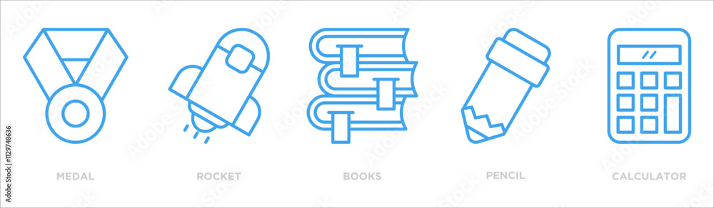 education icon collection set. Containing design medal,rocket,books,pencil,calculator education icon collection set. Containing design medal,rocket,books,pencil,calculator