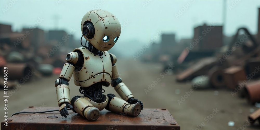 Fototapeta premium Robot sitting on a rusty metal box in a desolate junkyard surrounded by abandoned machinery and industrial debris