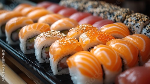 Delicious Sushi Rolls with Salmon, Sesame Seeds, and Caviar photo