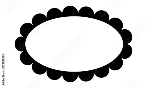 Oval frame with scallop borders. Elliptic picture, photo or mirror vignette. Tag, label, text box or sticker template with wavy edges isolated on white background. Vector graphic illustration.