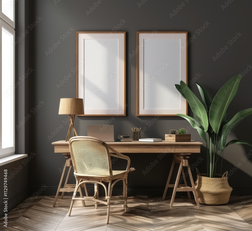 Fototapeta premium Modern home office with wooden desk. chair. and two framed posters