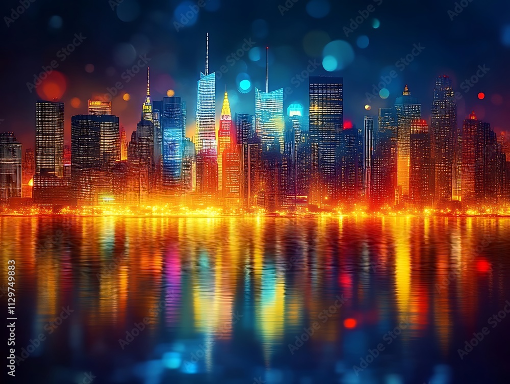 Fototapeta premium Nighttime Cityscape Illuminates Waterfront Reflection
