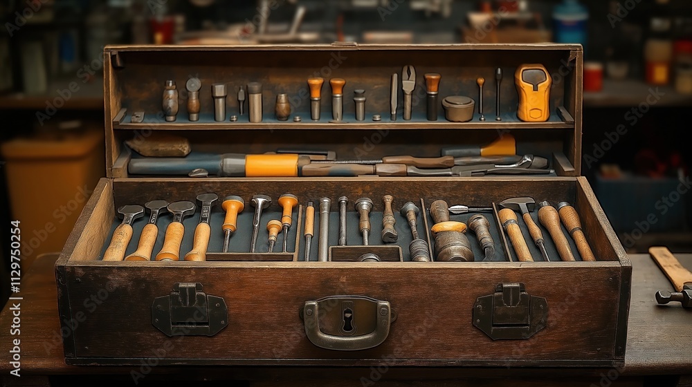 Old wooden toolbox shows various tools neatly arranged inside. Craftsmanship, careful organization clear. Toolbox aged, weathered. Slightly open revealing tools inside. Antique tool chest visual Old wooden toolbox shows various tools neatly arranged inside. Craftsmanship, careful organization clear. Toolbox aged, weathered. Slightly open revealing tools inside. Antique tool chest visual