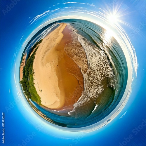Obraz na płótnie tiny planet with a sandy beach and ocean w salonie