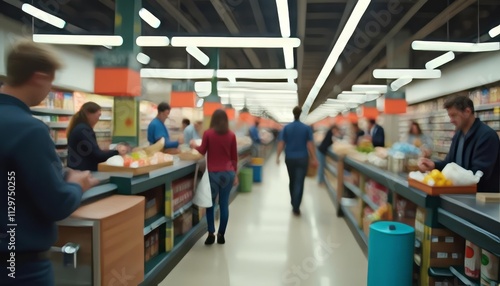 A blurred view of a busy supermarket interior, with shoppers moving through aisles filled with colorful products and bright lighting