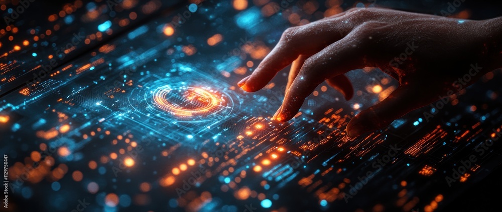Futuristic Digital Interface with Touch Screen Interaction and Glowing Data Visualization in Cyberpunk Style Futuristic Digital Interface with Touch Screen Interaction and Glowing Data Visualization in Cyberpunk Style