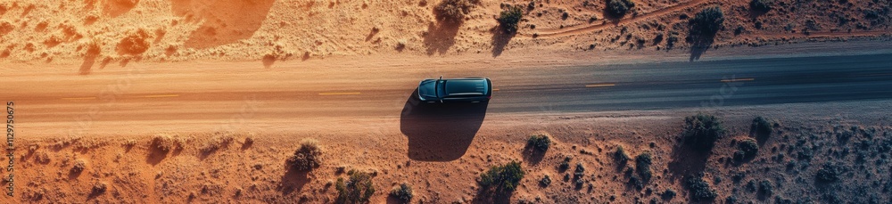 Aerial View of a Car on a Desert Road at Sunset Aerial View of a Car on a Desert Road at Sunset
