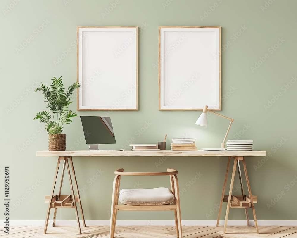 Fototapeta premium Minimalist home office workspace with a wooden desk. chair. two blank frames. and a plant