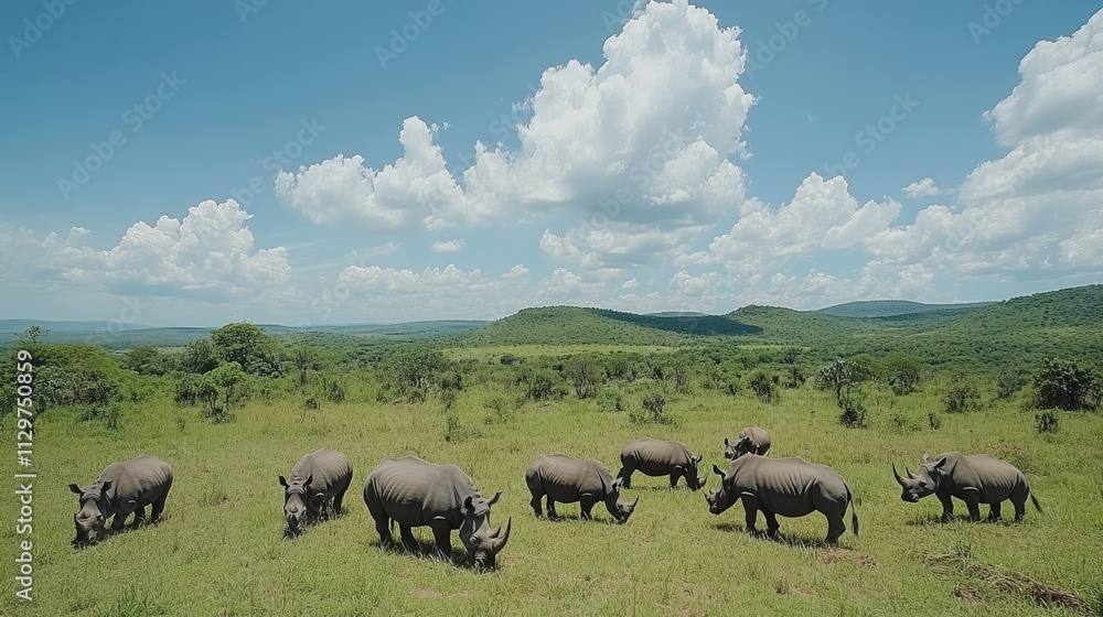 Group of Rhinos Grazing on Open Grassland Under Blue Sky Group of Rhinos Grazing on Open Grassland Under Blue Sky