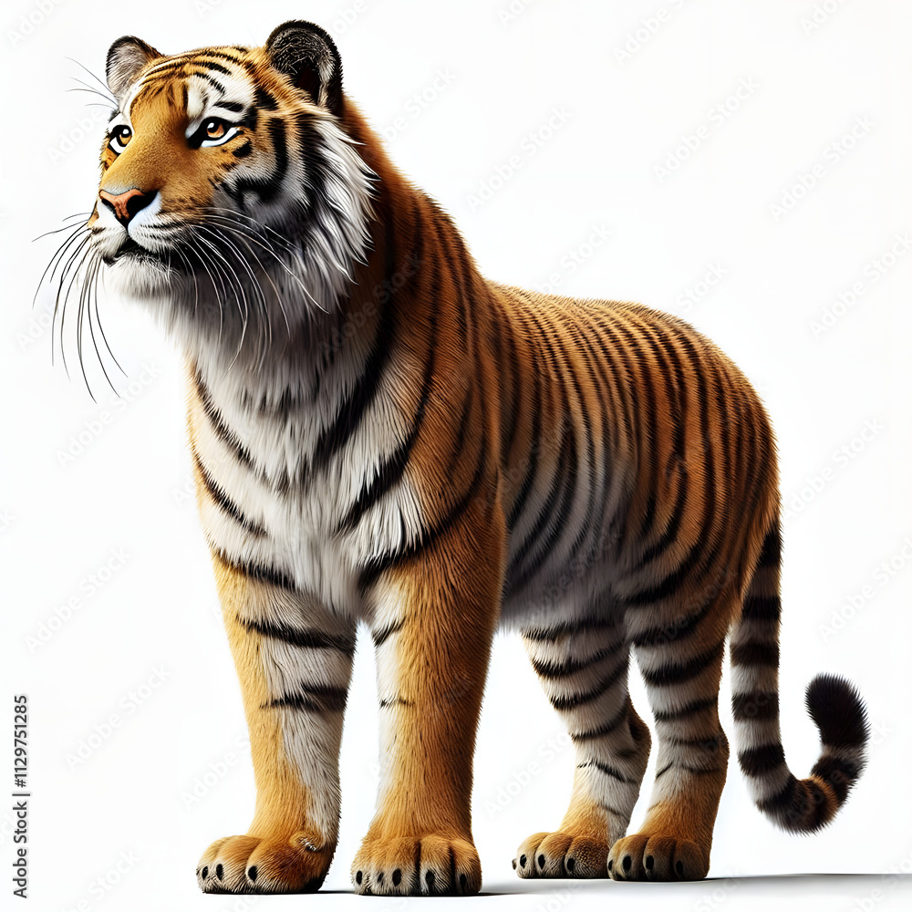 Fototapeta premium Tiger isolated on a white background, Side view, tiger standing full HD image generated by Ai. full body, realistic, full detail looking at the camera.