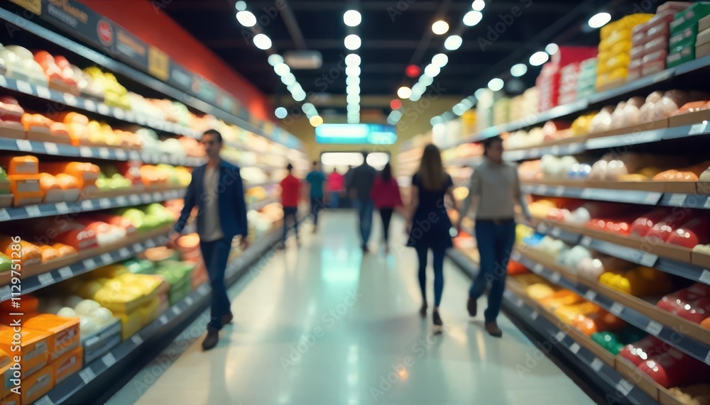 A blurred view of a busy supermarket interior, with shoppers moving through aisles filled with colorful products and bright lighting A blurred view of a busy supermarket interior, with shoppers moving through aisles filled with colorful products and bright lighting