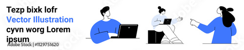 Team members engaged in discussion, both using laptops, one person gesturing towards another. Ideal for teamwork, collaboration, office settings, creative brainstorming, project planning, remote work