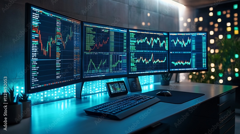 Modern trading station with multiple monitors displaying stock market data. Modern trading station with multiple monitors displaying stock market data.