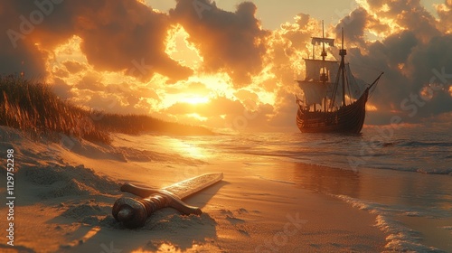 Viking Sword on Beach at Sunset with Longship in Background photo