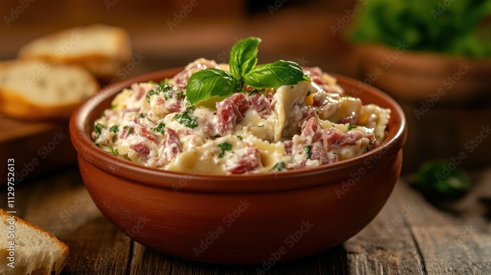 Creamy Pasta Dish with Meat, Herbs, and Fresh Basil in Rustic Bowl Creamy Pasta Dish with Meat, Herbs, and Fresh Basil in Rustic Bowl