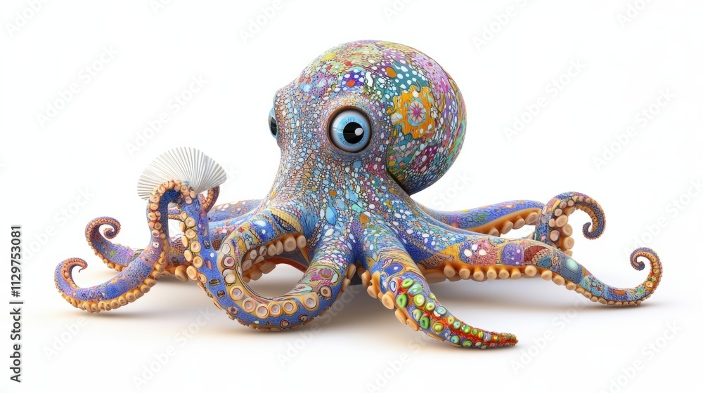Obraz premium A cheerful 3D octopus with colorful patterns on its body, holding tiny seashells, isolated on white