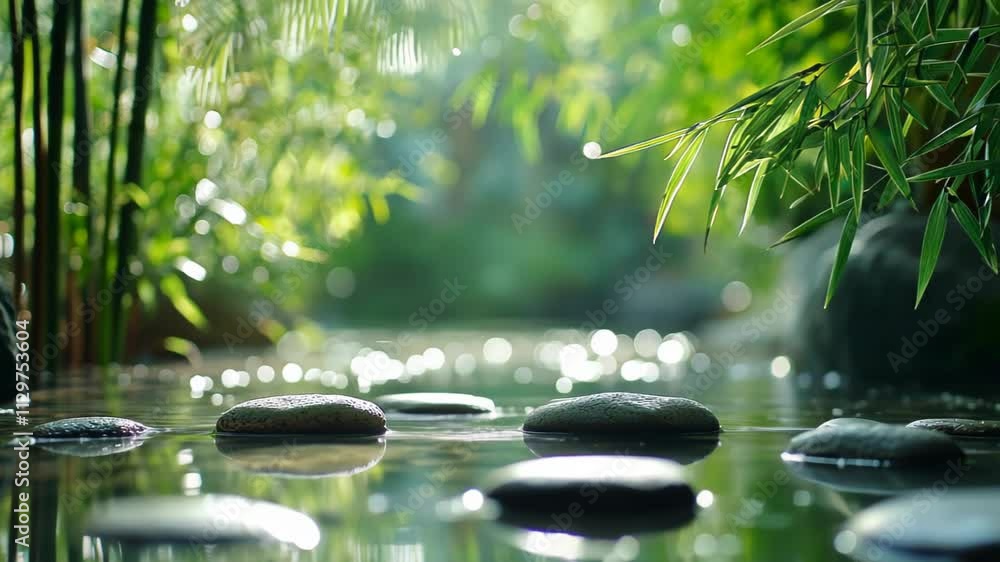 Zen Garden Serenity: Tranquil Water, Stepping Stones, and Lush Bamboo Zen Garden Serenity: Tranquil Water, Stepping Stones, and Lush Bamboo
