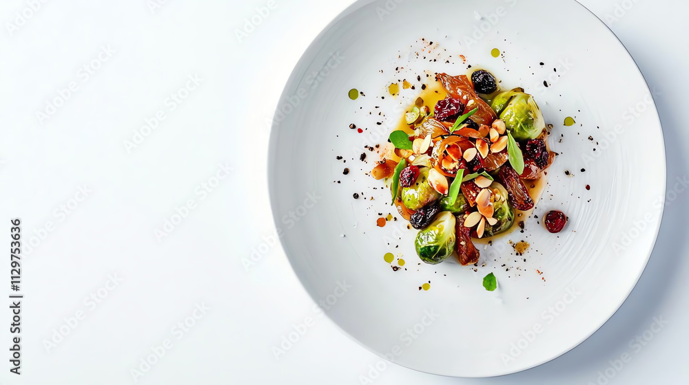 A vibrant dish featuring Brussels sprouts, nuts, and dried fruits garnished to perfection on a white plate.
