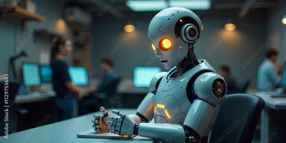 Advanced robot in a modern office setting observing humans during a technology demonstration Advanced robot in a modern office setting observing humans during a technology demonstration