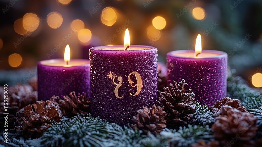 Radiant Advent Candles: Four Glittering Purple Lights Shining in a Church Radiant Advent Candles: Four Glittering Purple Lights Shining in a Church