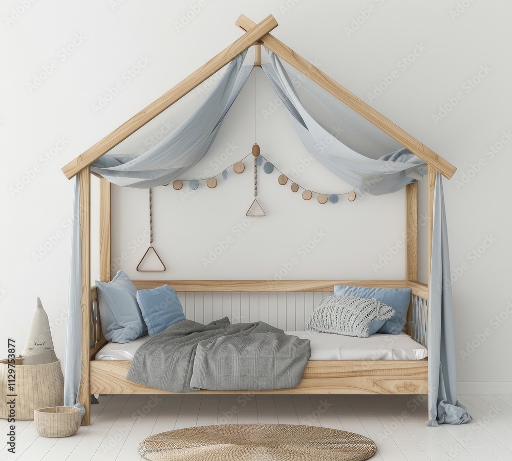 A wooden bed canopy with blue drapes. a grey blanket. and blue pillows. surrounded by a white wall and wooden floor A wooden bed canopy with blue drapes. a grey blanket. and blue pillows. surrounded by a white wall and wooden floor