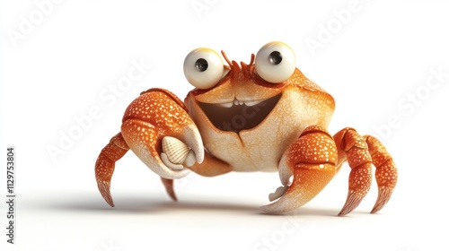 A cute 3D crab holding a tiny seashell with a friendly expression, scuttling sideways, on white