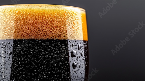 Close-up of a dark beer with a thick head in a glass. photo