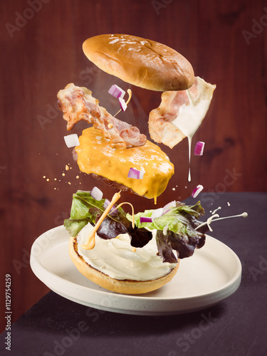 Creative Visuals of Flying Burgers, Splashes, and Ingredients photo