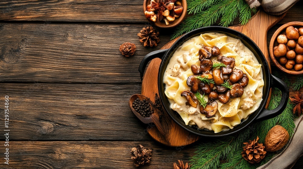 Rich and Creamy Pasta Dish with Mushrooms and Nuts on Wooden Table Rich and Creamy Pasta Dish with Mushrooms and Nuts on Wooden Table