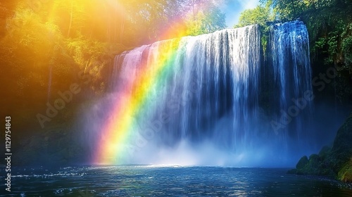 Majestic Rainbow Over Serene Waterfall in Natural Landscape