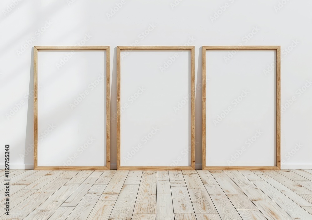 Three empty wooden picture frames on a white wall with a wood floor Three empty wooden picture frames on a white wall with a wood floor