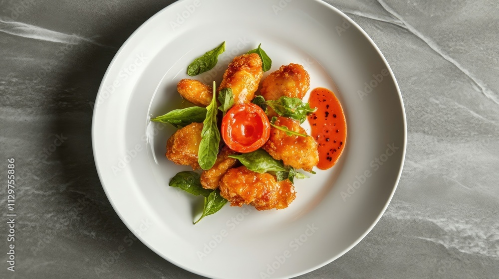 Crispy Fried Appetizer with Fresh Herbs and Spicy Sauce Garnish Crispy Fried Appetizer with Fresh Herbs and Spicy Sauce Garnish