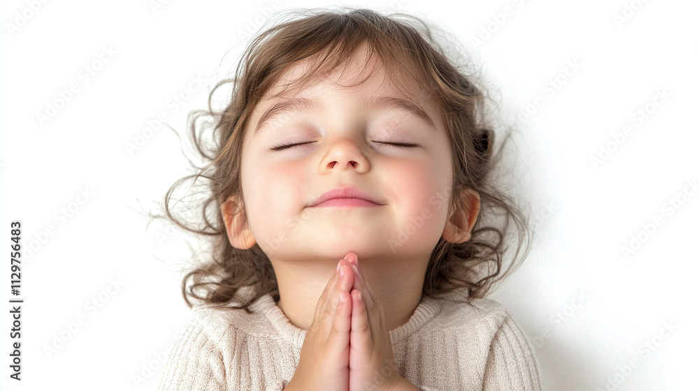 Closeup of little preschool toddler girl praying with closed eyes and clasped hands isolated on white background. female child or kid christian religion faith prayer to god jesus christ. Closeup of little preschool toddler girl praying with closed eyes and clasped hands isolated on white background. female child or kid christian religion faith prayer to god jesus christ.