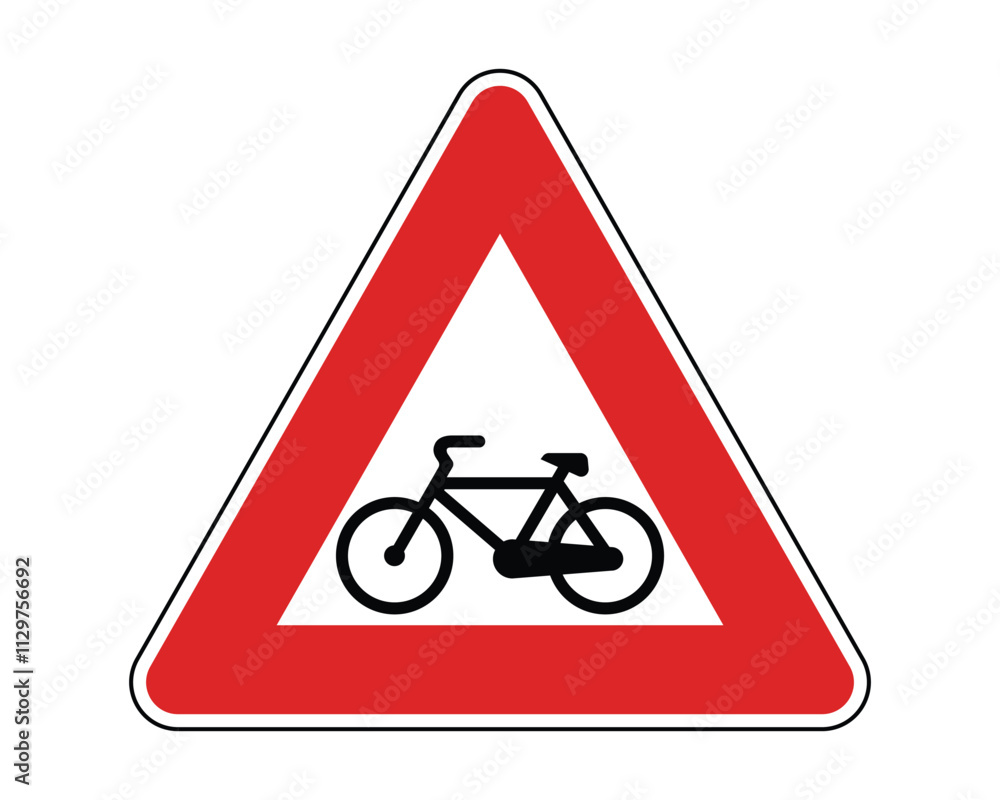 Cyclists Ahead Road Sign Featuring a Triangular Shape with Red Border and White Background, Indicating Intersection with a Bicycle Path Outside of an Intersection, Available as a Vector File Cyclists Ahead Road Sign Featuring a Triangular Shape with Red Border and White Background, Indicating Intersection with a Bicycle Path Outside of an Intersection, Available as a Vector File