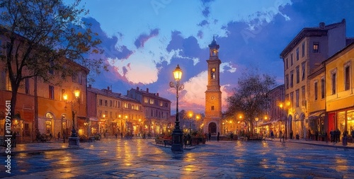 Twilight Scene in Historic Square Piazza del Popolo Ravenna Italy Evening with Warm Glow of Street Lamps photo