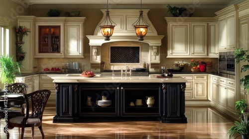 Elegant Cream And Black Kitchen Island Design photo