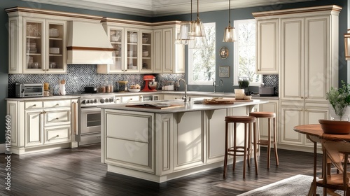 Wallpaper Mural Elegant Cream Kitchen With Island And Dark Flooring Torontodigital.ca