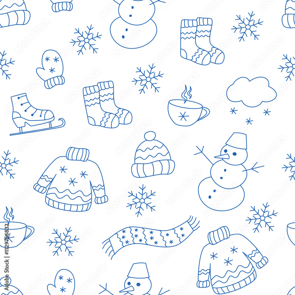 Winter elements seamless pattern with blue outline contour doodle drawings on white background vector texture. Textile fabric print. Gift wrapping paper.Repeating tile. Design template. Winter elements seamless pattern with blue outline contour doodle drawings on white background vector texture. Textile fabric print. Gift wrapping paper.Repeating tile. Design template.