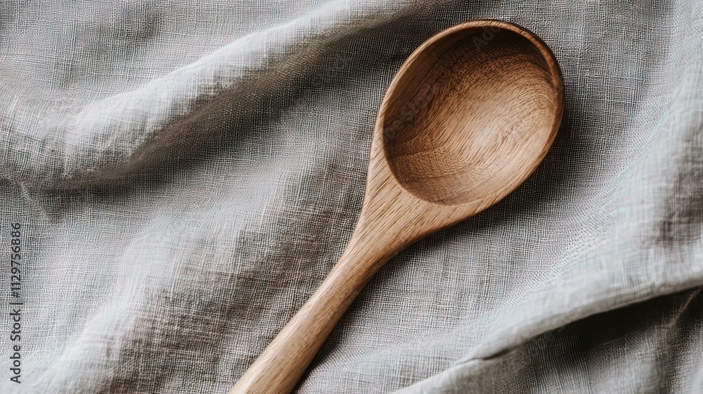 A large wooden spoon rests on a linen fabric. A large wooden spoon rests on a linen fabric.
